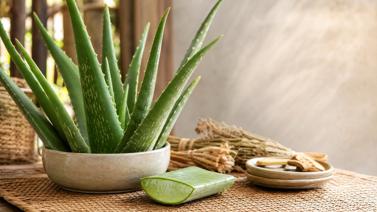 Aloe Vera Pflanze mit angeschnittenem Blatt und sichtbarem Gel