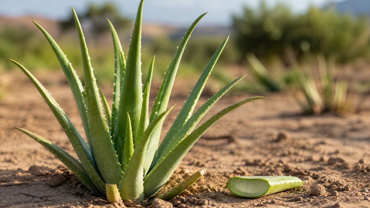 Aloe Vera Pflanze im naturnahen Anbau auf trockenem Boden