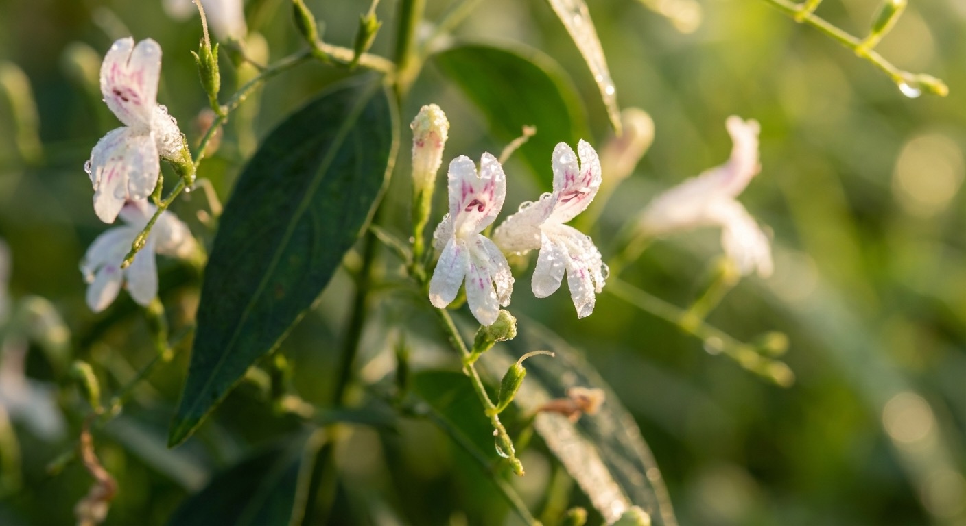 Andrographis paniculata Blüten — weiß-rosa Blüten mit Tautropfen in Nahaufnahme