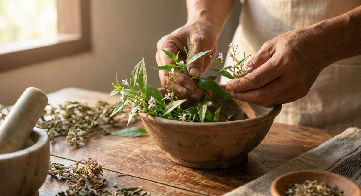 Frische Andrographis paniculata Blätter werden in eine traditionelle Tonschale gelegt