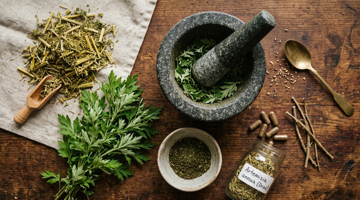 Artemisia annua Kräuter – traditionelle Verarbeitung mit Mörser und getrockneten Blättern