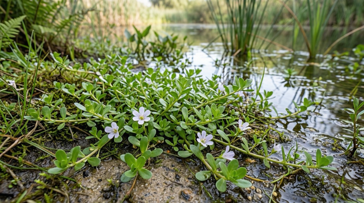 Bacopa monnieri in feuchtem natürlichem Habitat mit kleinen fleischigen Blättern und weißen Blüten