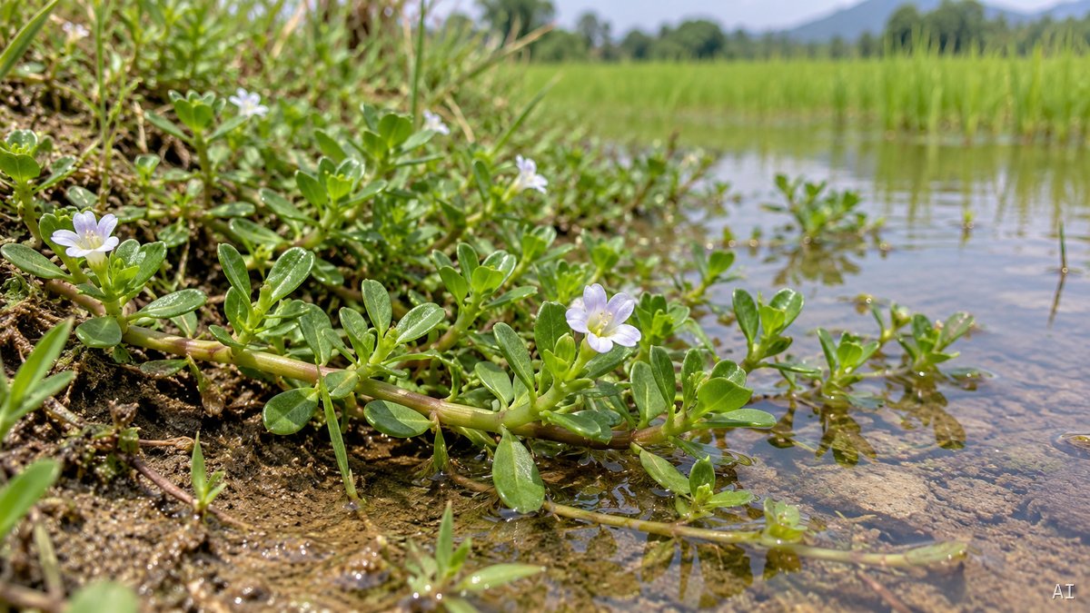Bacopa monnieri mit fleischigen länglichen Blättern und kleinen hellen Blüten am flachen Ufer.
