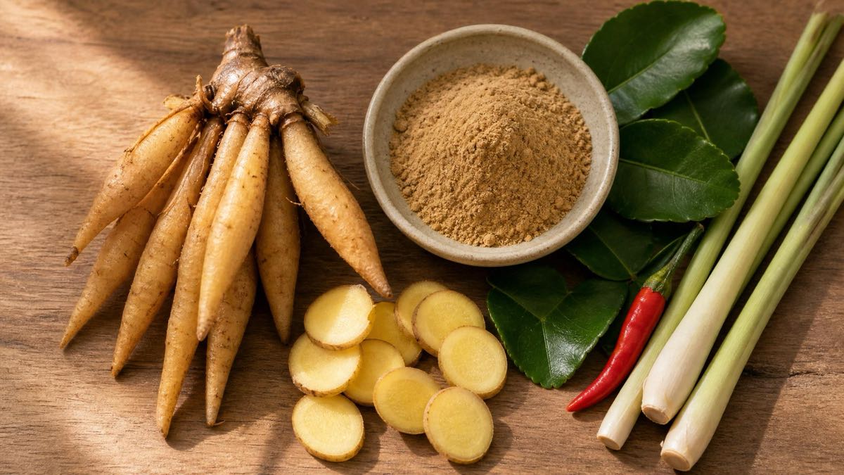 Geschnittener Krachai Fingerwurz mit Thai-Kräutern und Pflanzenpulver