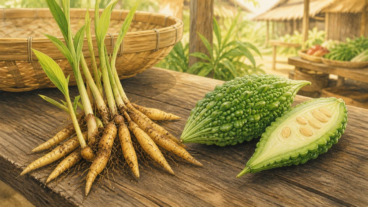 Illustration von Boesenbergia Fingerwurz und grüner Momordica Bittermelone