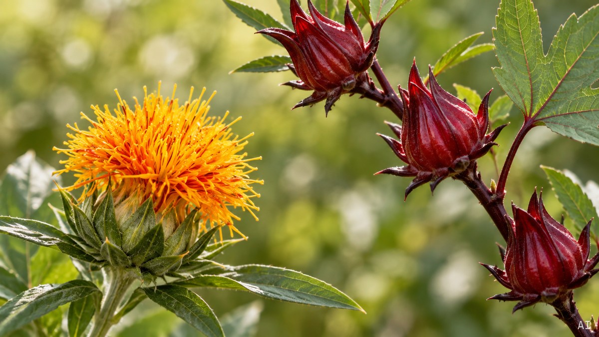 Färberdistel mit gelb-oranger Blüte neben roten Kelchen der Roselle