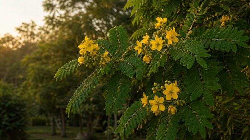 Cassia siamea mit gefiederten Blättern und gelben Blüten