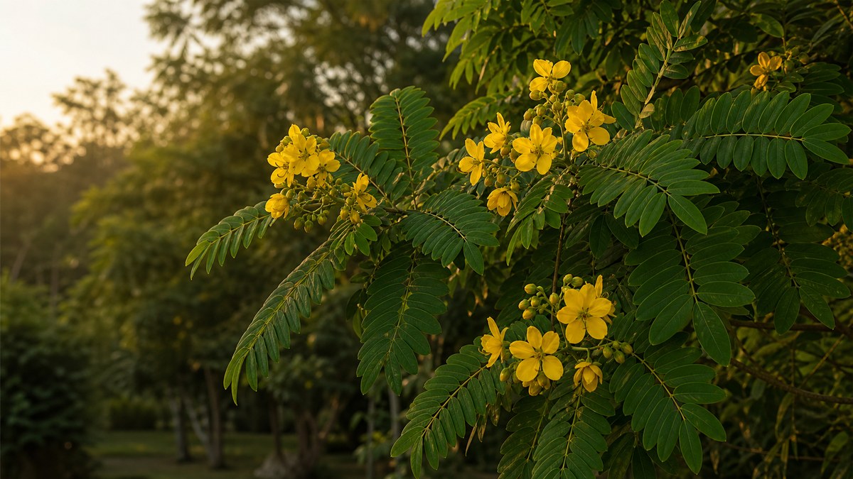 Cassia siamea mit gefiederten Blättern und gelben Blüten