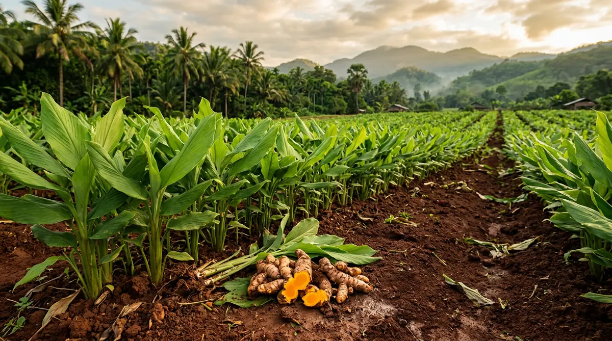 Curcuma longa Pflanze mit Rhizomen – Anbau in Thailand