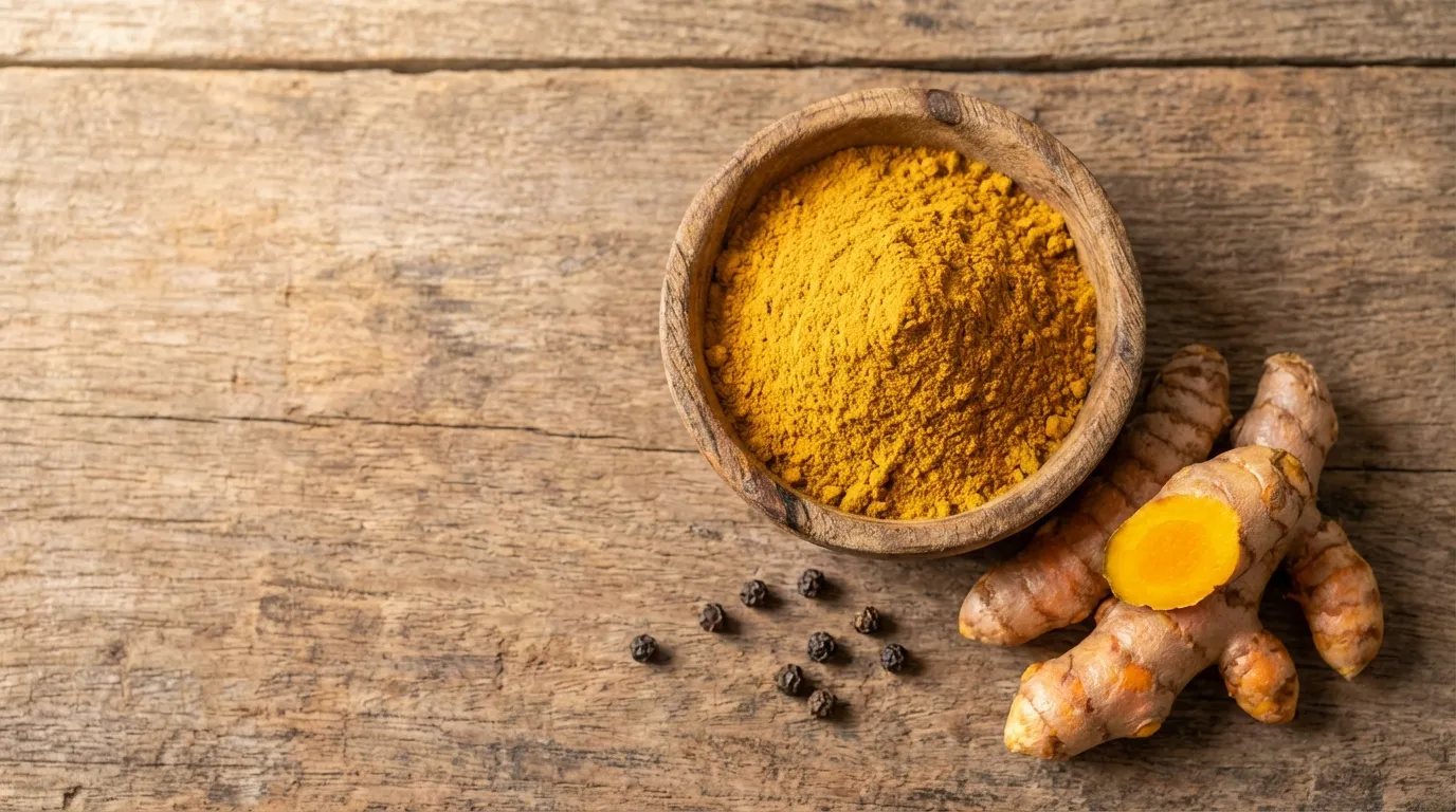 Curcuma-Pulver in Holzschale mit frischen Kurkuma-Rhizomen und schwarzem Pfeffer