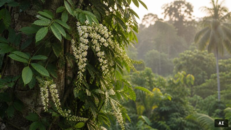 Derris scandens als Kletterpflanze mit grünen Blättern und hellen Blüten