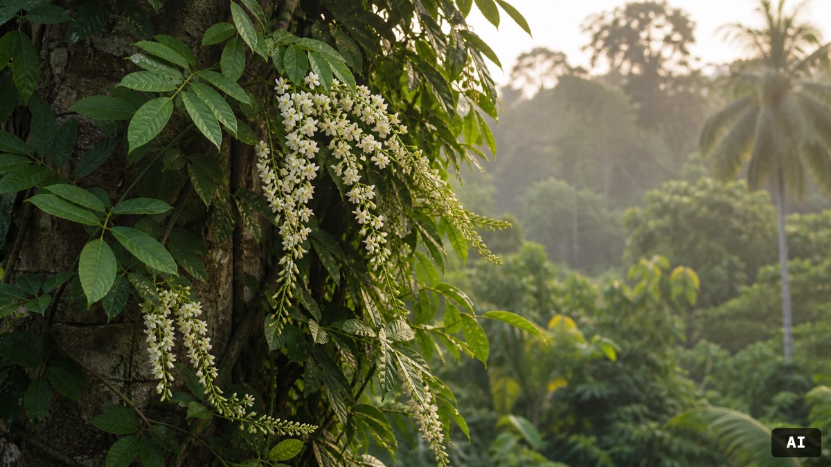 Derris scandens als Kletterpflanze mit grünen Blättern und hellen Blüten