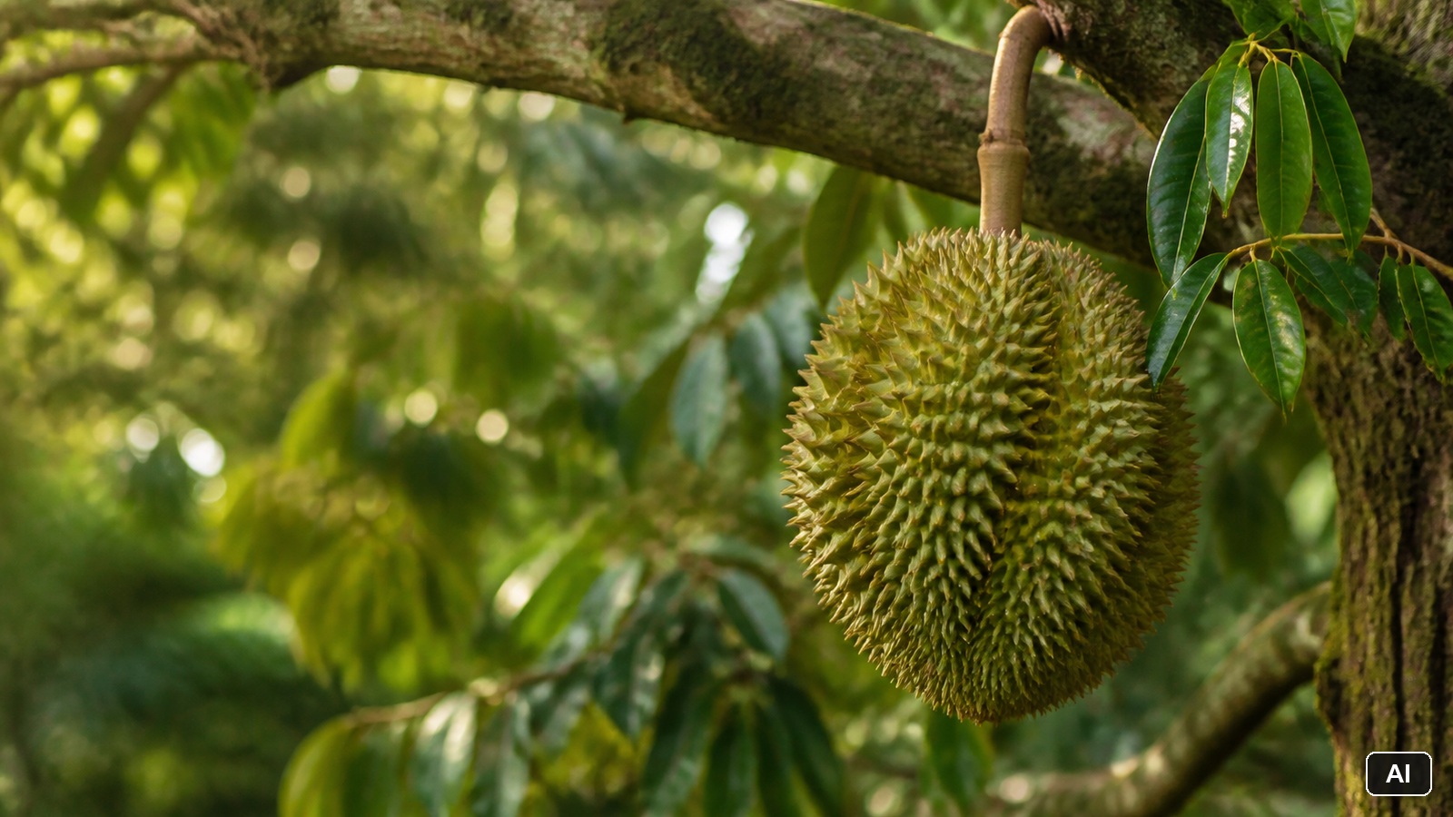 Reife Durianfrucht mit stacheliger Schale an einem Baum in tropischer Umgebung