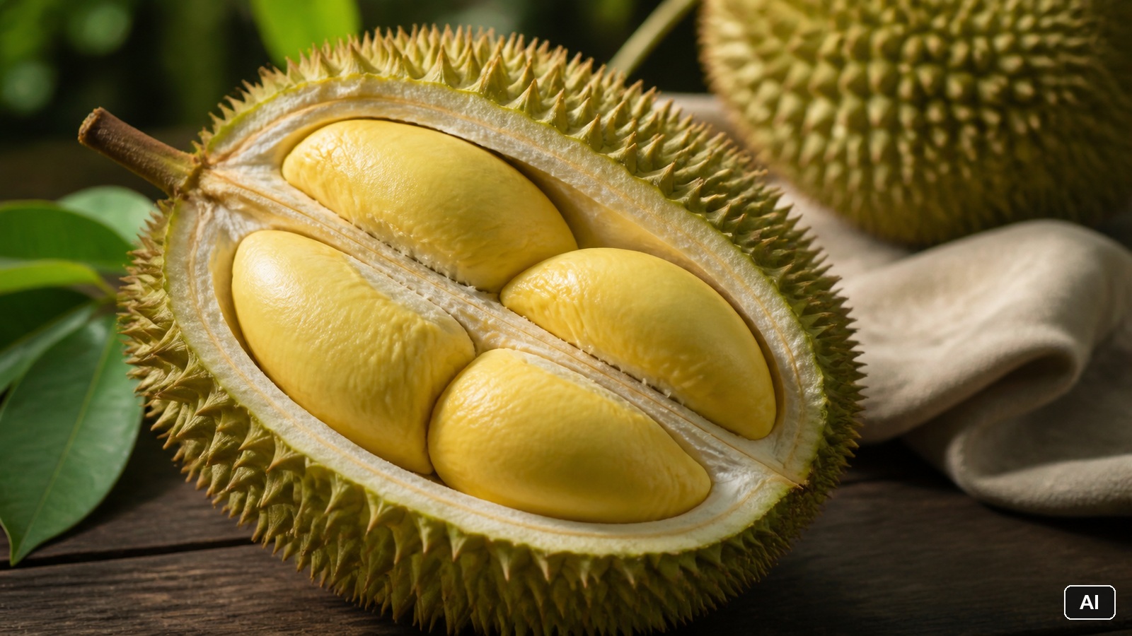 Geöffnete Durian mit cremegelbem Fruchtfleisch in der stacheligen Schale