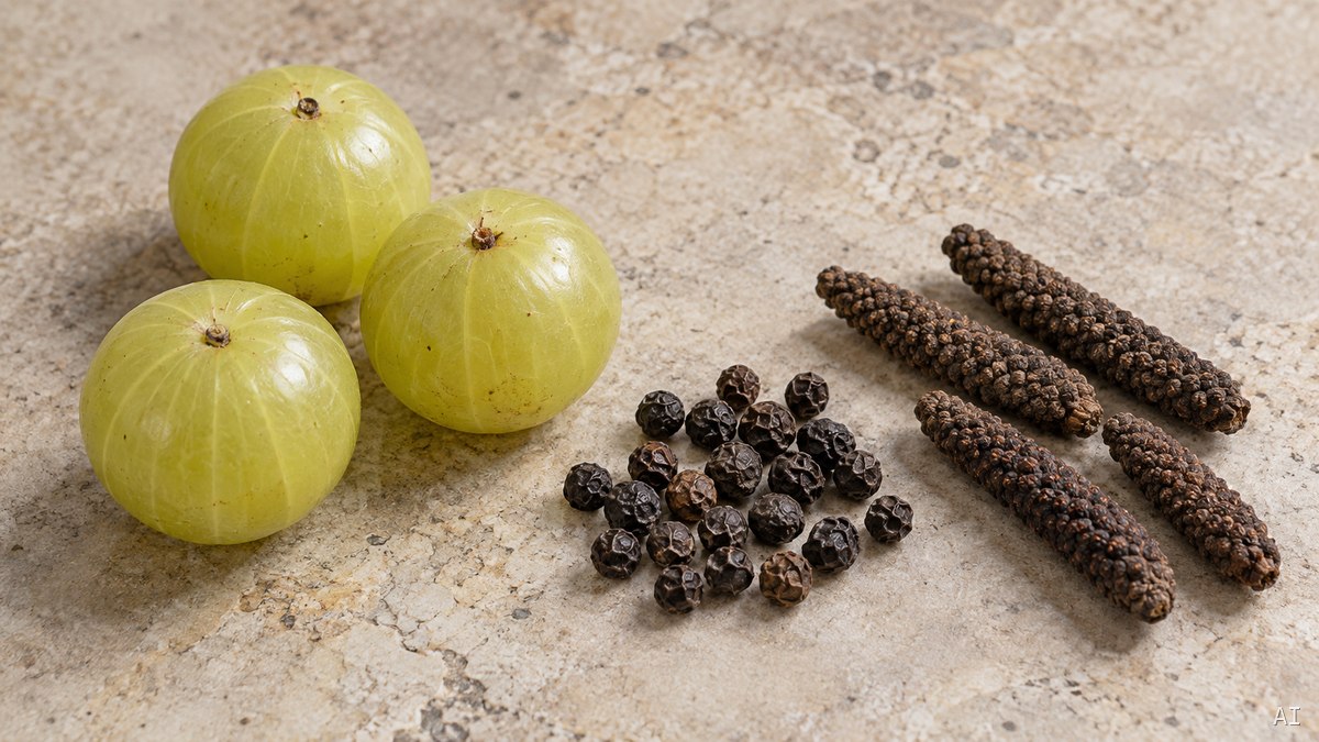 Amla-Früchte, schwarze Pfefferkörner und getrockneter langer Pfeffer
