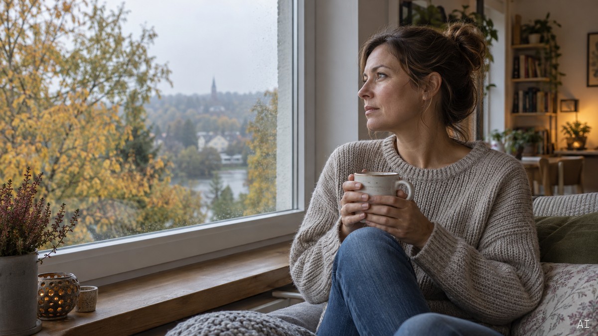 Frau mit einer warmen Tasse am Fenster an einem Herbsttag