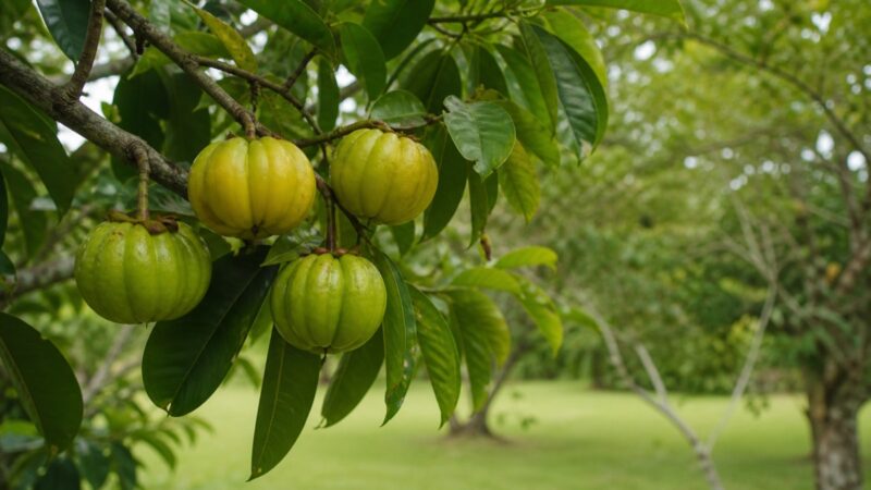 Garcinia-cambogia-Pflanze mit gerippten Früchten in natürlicher Umgebung