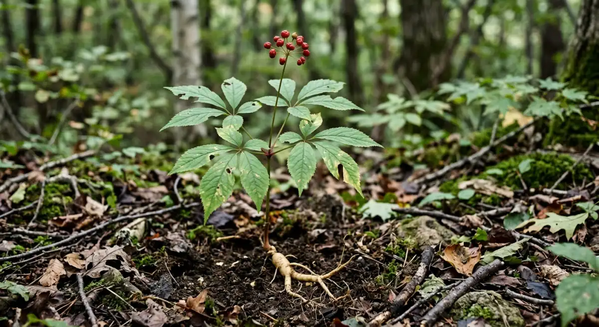 Wilder Panax Ginseng mit roten Beeren und palmierten Blättern auf schattigem Waldboden