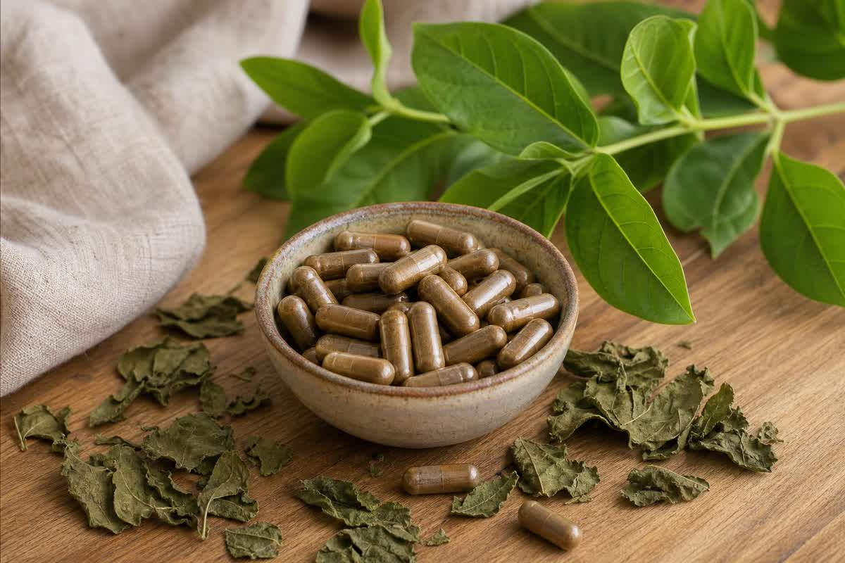 Gymnema sylvestre Kapseln mit grünen Blättern und Kräuterhintergrund