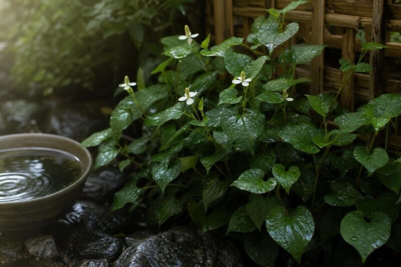 Houttuynia cordata Fischwurz mit herzförmigen grünen Blättern als asiatische Kräuterpflanze