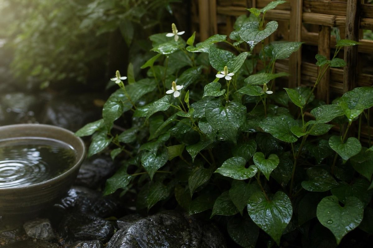 Houttuynia cordata Fischwurz mit herzförmigen grünen Blättern als asiatische Kräuterpflanze