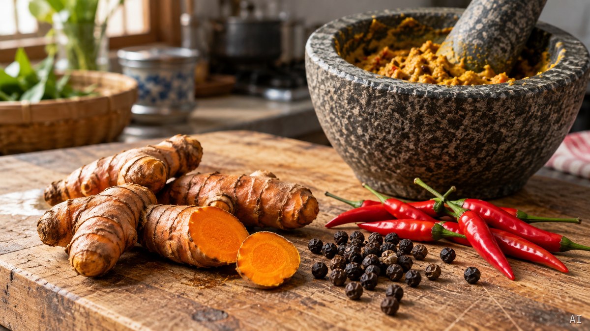 Frische Kurkumarhizome, schwarze Pfefferkörner und rote Thai-Chilis auf einem Brett vor einem Mörser mit gelber Paste.