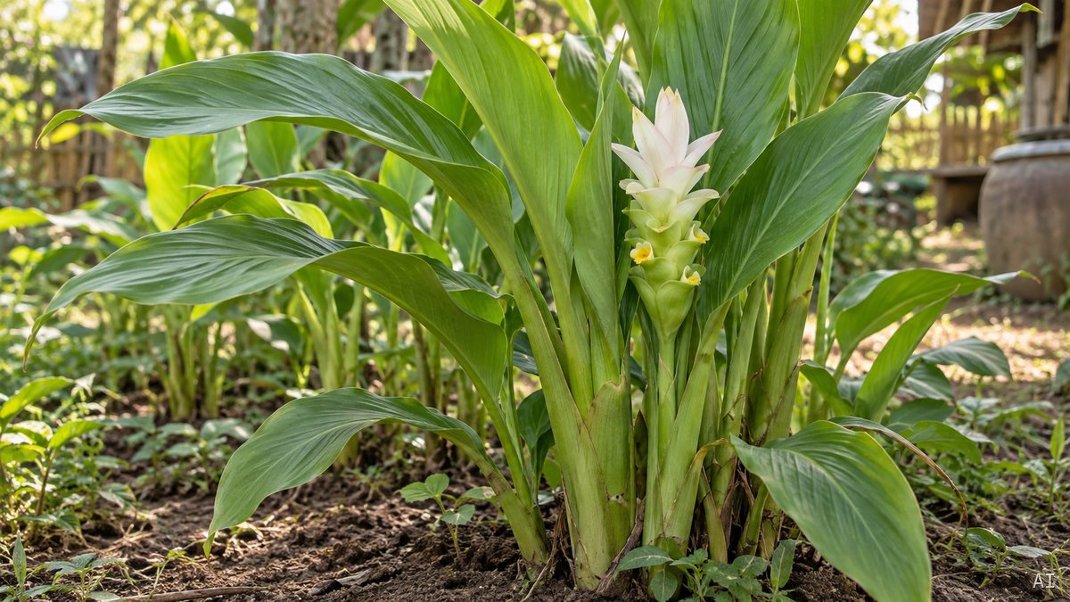 Kurkumapflanzen mit breiten grünen Blättern und hellem Blütenstand in einem Garten.