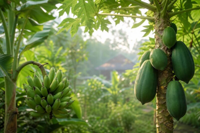 Grüne Papaya und Fingerbananen in thailändischer Pflanzenumgebung