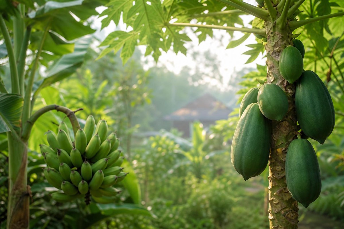 Grüne Papaya und Fingerbananen in thailändischer Pflanzenumgebung