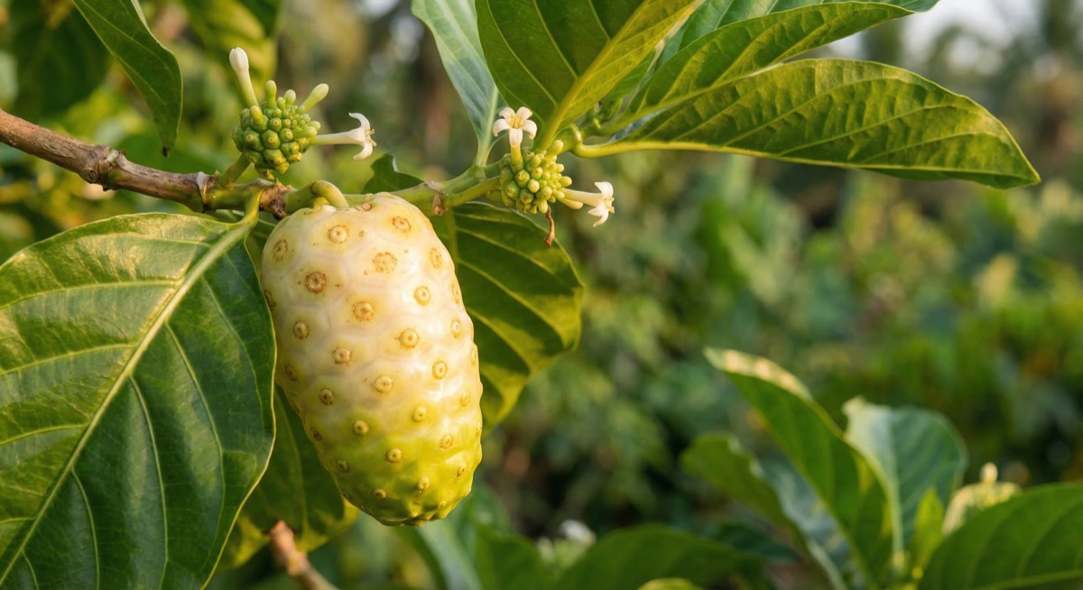 Reife Noni-Frucht (Morinda citrifolia) am Baum mit charakteristischer knubbeliger Oberflächenstruktur