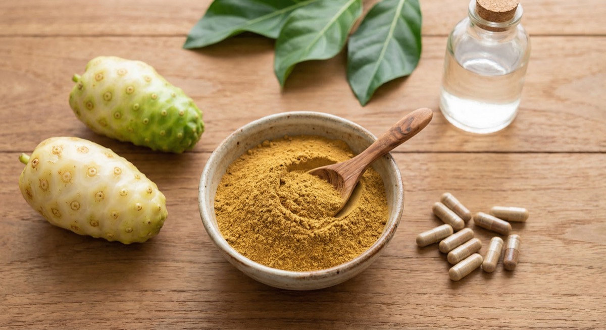 Noni-Fruchtpulver in Keramikschale mit Morinda-Kapseln und frischen Noni-Früchten auf Holztisch