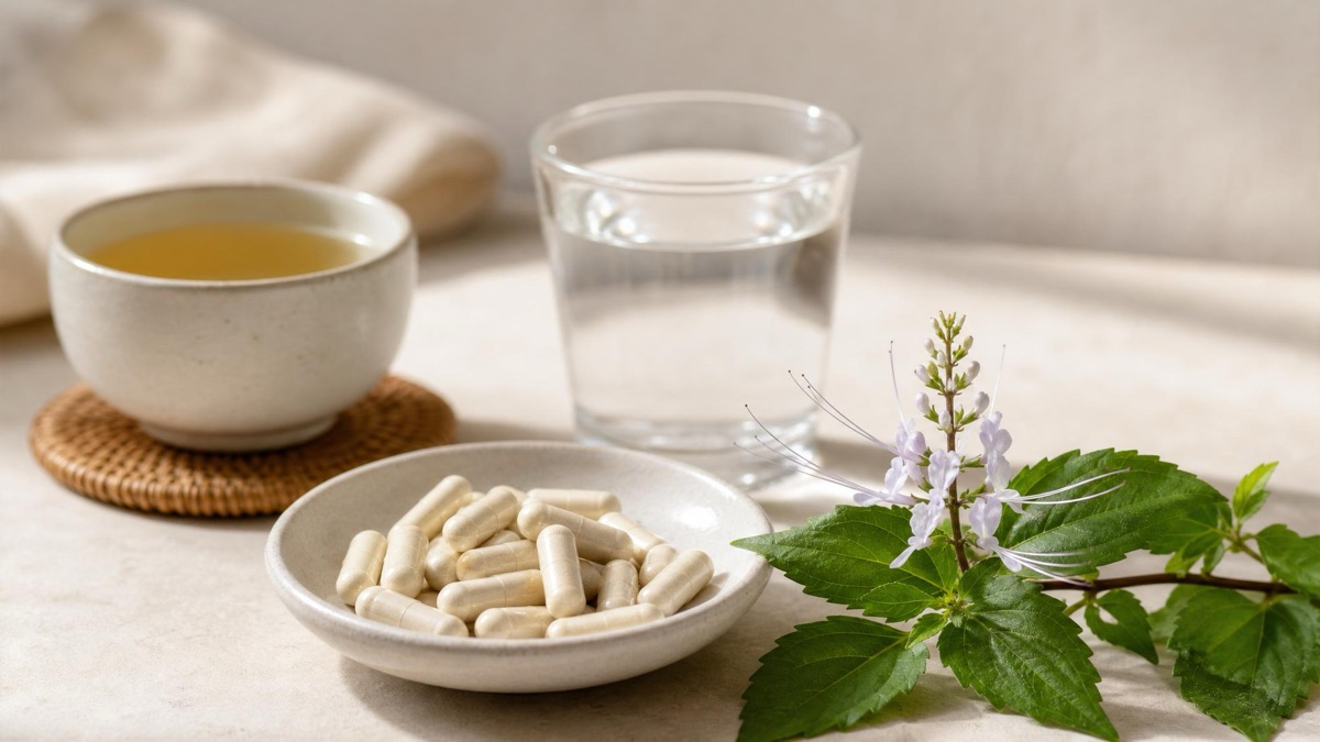 Orthosiphon Kapseln neben Wasser und Java-Tee als praktische Kapselform