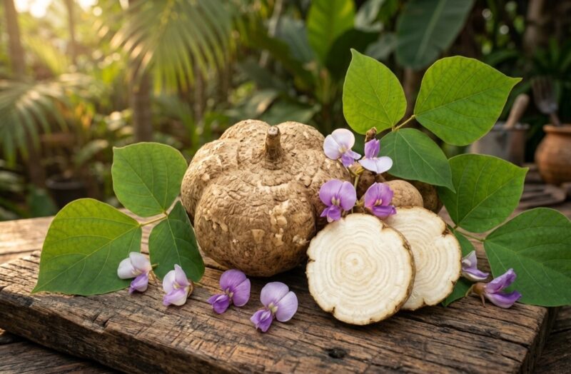 Pueraria mirifica Wurzelknolle mit Querschnitt — konzentrische Jahresringe sichtbar, daneben frische Blätter und lila Blüten auf rustikalem Holz