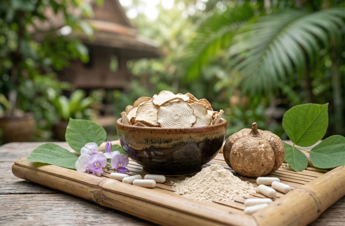 Traditionelle Zubereitung von Pueraria mirifica — getrocknete Kwao-Krua-Chips und Pulver in Keramikschale auf Bambustablett