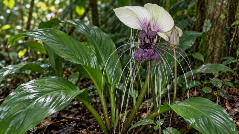 Tacca integrifolia mit hellen Hochblättern und langen Blütenfäden im tropischen Unterholz