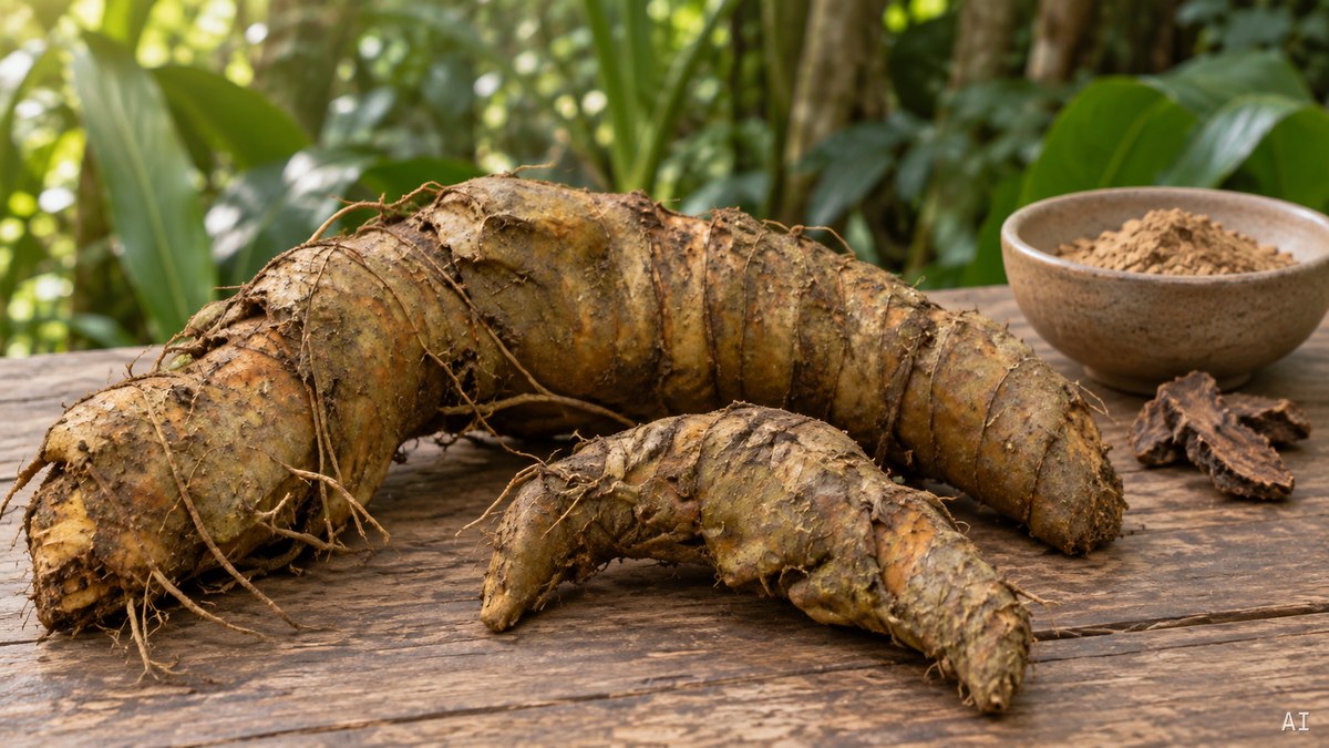 Tacca-Rhizome mit markanten Ringnarben, getrockneten Stücken und einer Schale Pulver auf einer Holzfläche