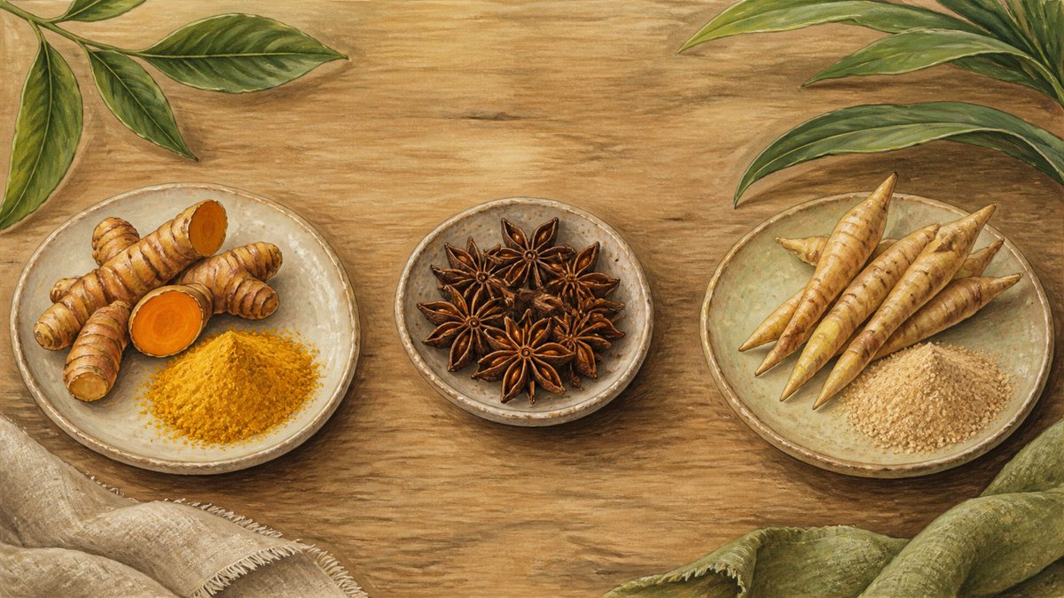 Curcuma, Sternanis und Fingerwurz als drei getrennte Pflanzenrohstoffe