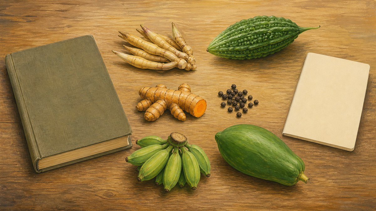 Illustration von Thai-Kräuterpaaren zwischen altem und modernem Notizbuch
