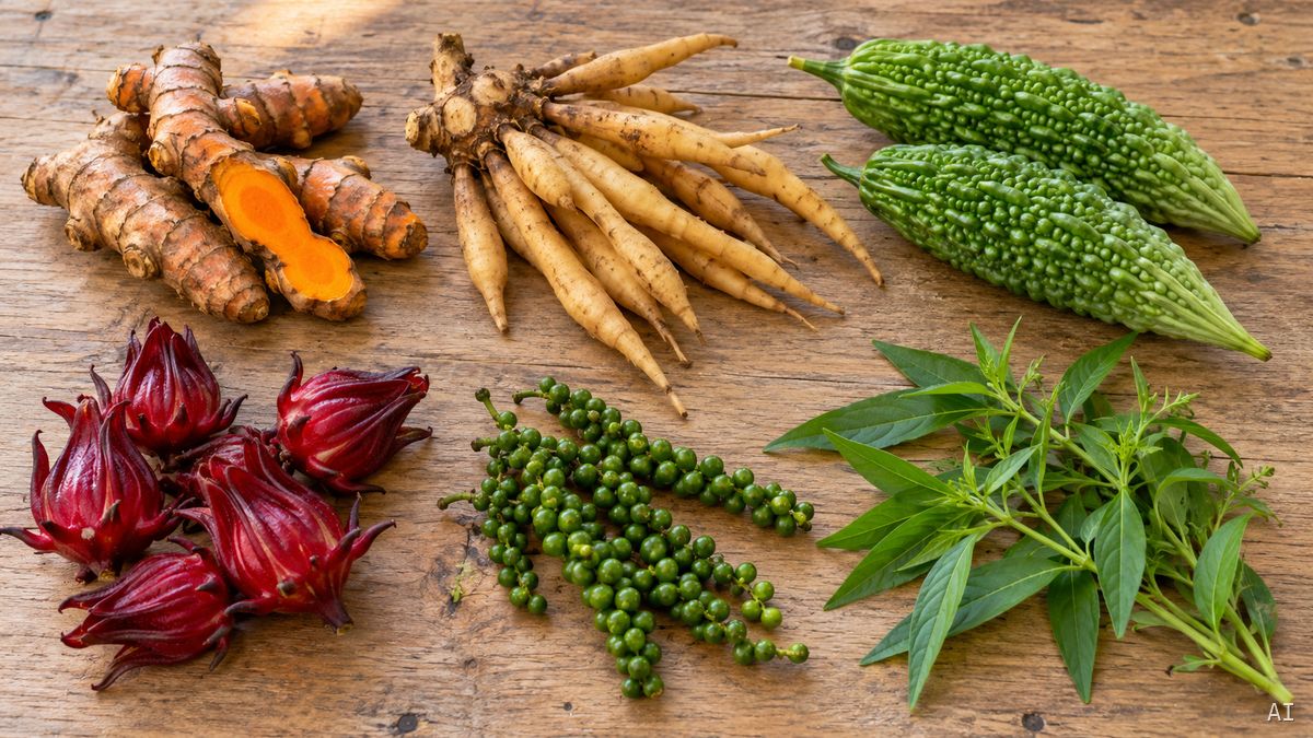 Kurkuma, Fingerwurz, Bittermelonen, rote Roselle-Kelche, grüne Pfefferrispen und grüne Kräuterzweige auf Holz.