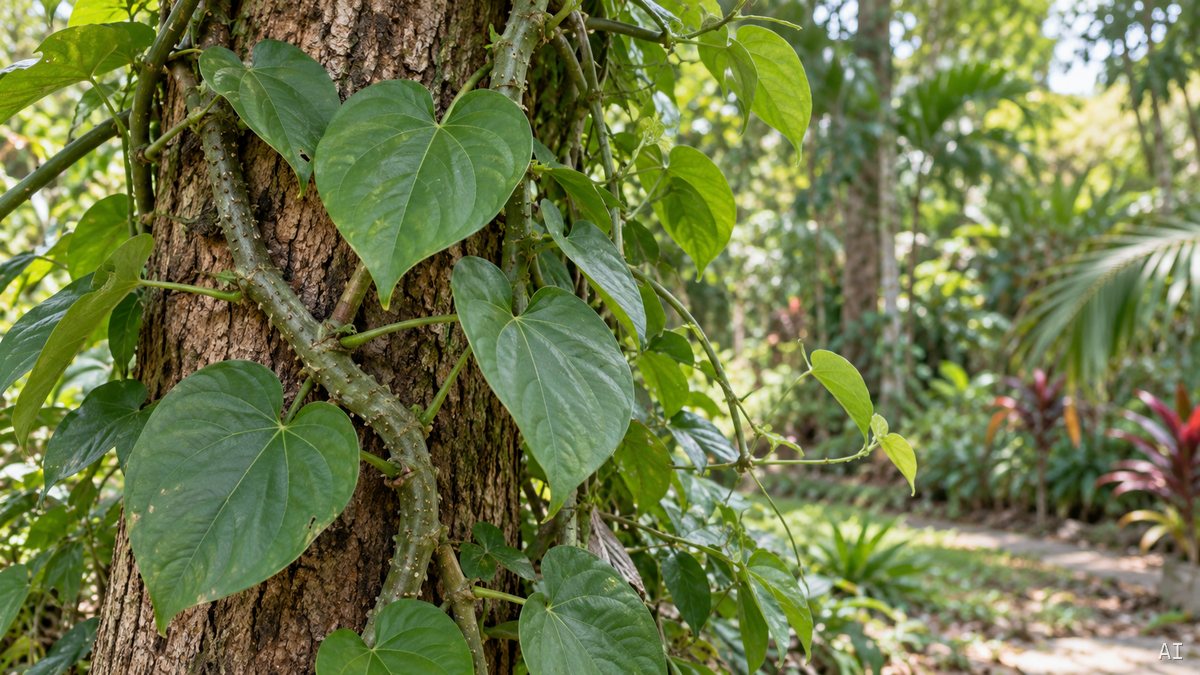 Herzförmige Blätter und warzige Stängel einer Tinospora-crispa-Liane an einem Baum